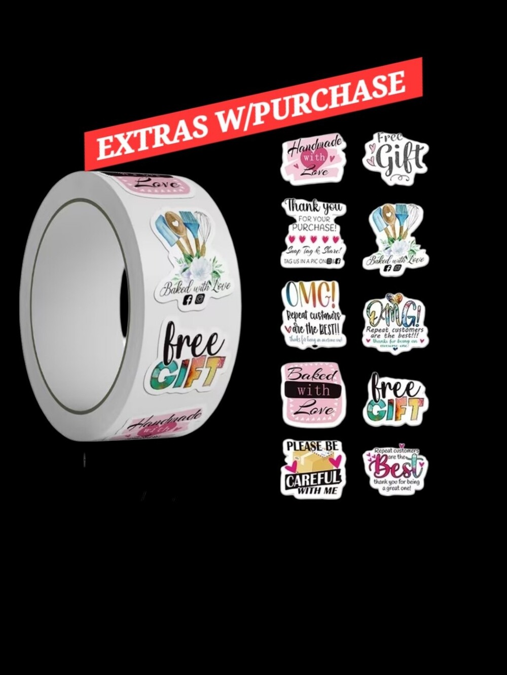 500ct. Custom Assorted Sticker Roll - White & Multicolor Bonus - 3 Random Polys - Picture 7 of 7
